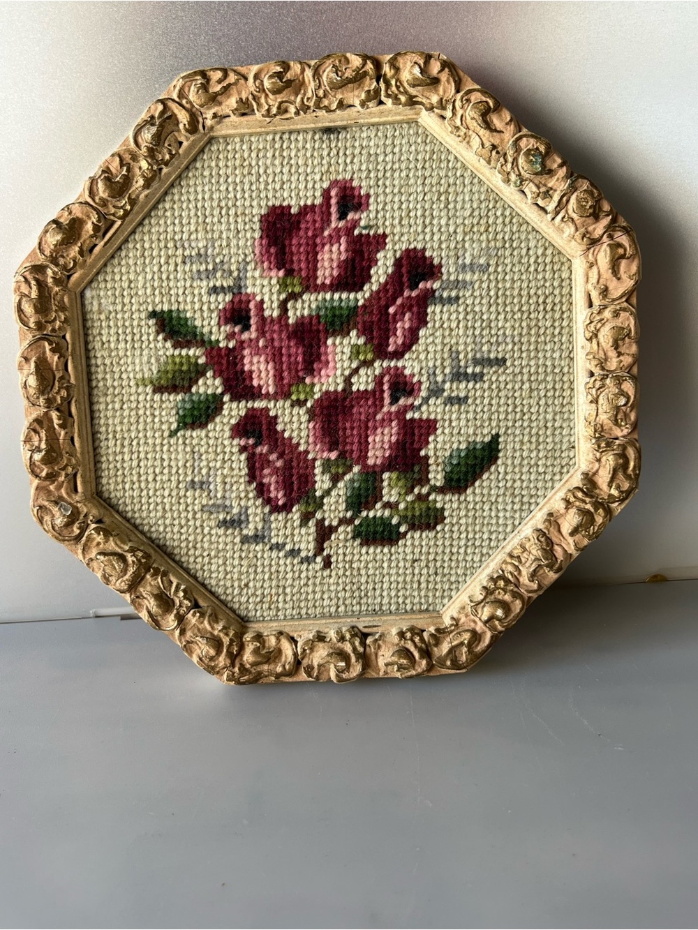 Framed Needlepoint Rose Bouquet Wall Art